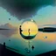 Placeholder: dusk landscape with lake,boat and human body, universe-like Soap Bubble,complex surgical instruments mixed with human body-like musical instruments,minimalism,Painting By Adrian Ghenie, Rene Magritte, Salvador Dali, Lucian Freud