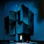 Placeholder: Minimal abstract oil painting of concrete fragments of body brutalist architecture and illuminated at night. Blue In the style of Justin Mortimer and Phil Hale and Ashley Wood