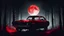 Placeholder: the silhouette of a woman in an old mustang, dark forest, black and red image, night, realistic, moon and stars, blood