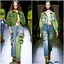 Placeholder: Women model catwalk wearing cargo jeans with patch jellow and green