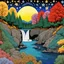 Placeholder: Colourful, peaceful, Max Ernst, Van Gogh, Hiroshige, night sky filled with stars, trees, rocks, waterfall, fish, one-line drawing, sharp focus, 8k, 3d, intricate, ornate