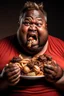 Placeholder: a black fat guy with full of food in his mouth