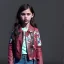 Placeholder: Margaret Qualley toddler, full body, leather jacket, floral shirt, floral skirt, shoe, soft skin, city background, dramatic lighting, hyper realistic