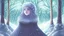 Placeholder: children book style, forest, and trees around snow a little, village, but the still green landscape, in a land where winter's embrace held the world in an icy grip, there lived a solitary snowflake named Luna. She was unlike any other snowflake, her delicate crystalline form shimmering with a rare, ethereal beauty. The girl is living in the fairy village.
