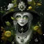 Placeholder: Beautiful silver and black and green witch woman portrait adorned with bioluminescense Halloween yellow white and green and black beads, pearls white dust pumpkin, frogs, spidere on the hat headdress, , wearing bronze autumn leaves textured black floral textured bioluminescense witch witch costume organic bio spinal ribbed detail of ornate bioluminescence bronze autumn white floral background extremely detailed hyperrealistic concept ar