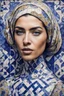 Placeholder: editorial image, portuguese woman portrait, portuguese azulejo tiles pattern, abstract, mixed media, futuristic