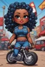 Placeholder: comic book art illustration of the chibi cartoon character, a voluptuous black female in a blue jean outfit with biker boots. Her prominent makeup and hazel eyes, along with her detailed red bantu knots, are featured in this image, set against the background of a lively bike show.