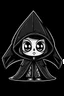 Placeholder: chibi skeleton in a black hooded cloak drawn in a retro mascot cartoon style, inside a light diamond shape on a black background, monochromatic