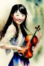 Placeholder: A cute smiling asian girl is holding a violin. Watercolour