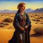 Placeholder: create a classical-abstract-realist sci-fi fantasy full body portrait painting of a nomadic tribal shepherdess with highly defined facial features, in an arid desert landscape in the style of Donato Giancola, Hans Memling, Titian, and Caravaggio, 8k, highly detailed, otherworldly and fantastic