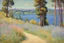 Placeholder: Sunny day, pine trees, mountains, prairie, flowers, lake, rocks, spring, alfred sisley impressionism painting