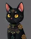 Placeholder: a black cat, animation illustrative style, totem 2, upper body divided in decorative patterns, avatar, cold colour temperture, app, avoid duplicate images, character close-up, tissue ornament, an anthro cat, cat bunny, feline, without text, alphonse, flat paint