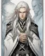 Placeholder: a young High Elf frost Wizard with long wiry hair, wearing a black trimmed white nobleman's robe and frost ornaments on clothes, with a small weasel on his shoulder