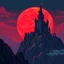 Placeholder: 8 bit pixelart a towering castle perched atop windswept cliffs, its jagged stone figure bathed in the cinematic crimson glow of a giant, imposing red harvest moon, red sky