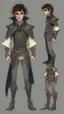 Placeholder: turnaround character of a young man elf, he has curly, black hair and sharp cheekbones. His eyes are black. pale skin. He wears fantasy medieval clothes. full body with boots