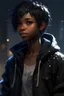 Placeholder: Nineteen year old black girl with short hairs, with a jacket and rock clothes style, from head to toe, best quality, digital painting, 4k, sharp focus, intricate texture, skin imperfections, blank background. , interactive novel style,bokeh, professional, anime clean drawing,Your Name, 4k, highly detailed, clear lighting,