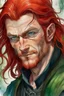 Placeholder: dnd, fantasy, watercolour, large strokes, stylistic, portrait, illustration, dull colours, male, face, narrow long face, weathered face, green eyes, determined, smiling, red hair, very long hair streaming down the shoulders, lush hair, radiating light, five o'clock shadow, elegant, short small mouth, wide smile