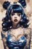 Placeholder: Poster in two gradually, a one side the Singer Melanie Martinez face, full body, sit pose, painting by Yoji Shinkawa, darkblue and sepia tones,sinister, detailed iridescent, metallic, translucent, dramatic lighting, hyper futuristic, digital art, shot with Sony Alpha a9 Il and Sony FE 200-600mm f/5.6-6.3 G OSS lens, natural light, hyper realistic photograph, ultra detailed -ar 3:2 -q 2 -s 750,malevolent goth vampire girl face and other side