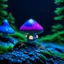 Placeholder: "Close up of a wonderful tiny Mushroom Tower home. blue and magenta with bright white, deep black and contrasting tones of gray. Illuminated bioluminescent forest. Professional painter, master at composition. small but detailed. broken, blurred background, voluminous lighting"