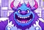 Placeholder: closeup of a smiling monster's face, big teeth, fur, bumps and horns, my pet monster inspiration, urban character design