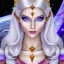 Placeholder: cosmic mage, elf, female, cosmic magic, long ears, white hair, face details, pale skin, jewellery, broad shoulders, sharp ears, cosmic clothes, cosmic eyes, ears shown, the cosmos in eyes, shining eyes, thin face, detailed ears, magical eyes, closed mouth, make up, smiling face, happy face, pointy ears