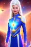 Placeholder: young cosmic woman admiral from the future, one fine whole face, large cosmic forehead, crystalline skin, expressive blue eyes, blue hair, smiling lips, very nice smile, costume pleiadian,rainbow ufo Beautiful tall woman pleiadian Galactic commander, ship, perfect datailed golden galactic suit, high rank, long blond hair, hand whit five perfect detailed finger, amazing big blue eyes, smilling mouth, high drfinition lips, cosmic happiness, bright colors, blue, pink, gold, jewels, realistic, real