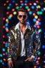 Placeholder: Full body Real photography handsome man super model European on fashion style dressing luxury jacket diamonds patterns,sunglasses,turn on music DJ player in disco club