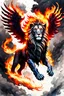 Placeholder: create a flying lion with fire wings full body illustration in the art style of Wayne Reynolds, ink wash and watercolor, 8k, ArtStation, DeviantArt