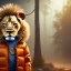 Placeholder: Lion toddler, smile, steampunk headphone, sunglass, gangsta neckless, full body, orange puffer jacket, tokio background, dramatic lighting, hyper realistic, unreal engine 5, 16k