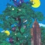 Placeholder:  kaiju birds in a tree near a city by dr seuss