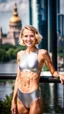 Placeholder: beautiful anorexic ukrainian woman, total shot, shiny silver triathlon swimsuit, short blond wavy bob hair, blurred city background, smiling