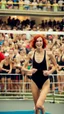 Placeholder: anorexic beautiful woman, age 21, total shot, anthracite triathlon swimsuit, medium long wavy bob haircut, red hair, blurred party crowd in background