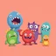Placeholder: cartoon monsters on solid color background
