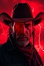 Placeholder: A cowboy portrait with a red light reflecting in their cybernetenhancements.red background all are red cloudy stormy with thunder in the background