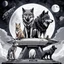 Placeholder: digital art front in picture an of little dark dog like creature stands and looking an anthropomorphic wolf couple sitting on the spaceship's ramp close together, the pale gray female wolf sits behind strong male wolf and puts one paw on the dark gray wolfman's shoulder, raini day, on ramp a little piece of meat lies down, high contrast, high detalied, high realistic, in background detail of an angular spaceship. Rain, The atmosphere is a seamless blend of sci-fi, dark fantasy