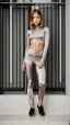 Placeholder: satin leggins, lycra leggins, satin top, lycra top, short wavy bob haircut, 11 year old girl, fashion pose, lens 80 mm, dof