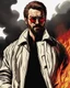 Placeholder: a young man with big muscles who looks like hans gruber wearing a heavy coat and red sunglasses staring with an irritated look on his face standing in front of a large fire