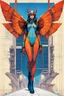 Placeholder: Hand drawn technical,full body portrait illustration , with detailed blueprints and engineering schematics of a walking Atlas moth insect girl, in the comic book art style of BILL SIENKIEWICZ and JEAN GIRAUD MOEBIUS, with highly detailed facial features, drawings, and technical notation, 8k, vibrant natural colors