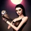 Placeholder: hyper realistic, young cute girl with moon in background, short black hair, holding a owl. black tatoo on arm. dressed a steampunk pirate, bra with carved leather. Salvador dalì style. high details. 4k, unreal engine. at night