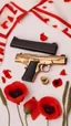 Placeholder: Two gold pistols and a red notebook on a white scarf. A bed of red poppies. Close-up from above.cinematic