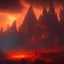 Placeholder: dynamic lighting, Intricately detailed, deep color, Unreal Engine, volumetric lighting, Hell landscape, Hell concept art, Hell fantasy artwork, Mountains, nightsky, orange, red, nebulae, fields, abandoned buildings,