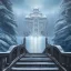 Placeholder: fantasy art, book illustration, wizard up the stairs of a bridge or dam ,icy water, on the bridge is a wolf,seen from the tree tops