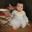 Placeholder: Smart biracial baby girl on pile of books by Monet