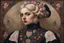 Placeholder: Austrian simbolism, a beautiful dark victorian girl blonde iranian ACTRESS, wears a Surrealist Armenian embroidered avant-gard fashion, ornamental details,caravaggism, with bubblegum, oil painting