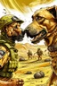 Placeholder: A soldier dog dressed in military combat uniform fighting another soldier dog in the hot desert landscape, digital illustration portrait, dog's face is snarling, aggressive, angry, Craig Miller , futuristic, pulp fiction graphic novel style, hyperrealism, photorealism