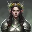 Placeholder: Generate a dungeons and dragons character of a female wood elf cleric of death domain with dark brown hair, pale skin and green eyes. She looks gloomy and threatening. She wears an elvish silverplate armor and a crown of flowers and herbs