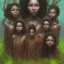 Placeholder: photo. 3 three Brown skin women. Three dark skin women. Three black women. .three women. A mother. Two daughter. Twins. A mother with her children. three young black women. wood nymphs emerging from the forest. Her hair looks like vines. Dreadlocs. Her skin is the colour of dark soil. Her skin looks like tree bark. Her clothing is made of vines, grass and leaves.