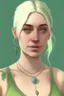 Placeholder: Realistic young woman, neck length white blonde hair in a half ponytail, pale skin, light blue-grey eyes, freckles, big boobs, big green earrings, green and gold necklace, green tank-top with blue overalls on top, grey plant tattoo on arm