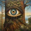 Placeholder: an eye in a tree near water, in the style of brian despain, dripping paint, expansive landscapes, highly detailed, surrealistic urban scenes, mars ravelo, mati klarwein, Max Ernst