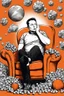 Placeholder: simple scene, Elon musk sitting on an orange couch eating popcorn, looking unamused at planet earth,. selective colours